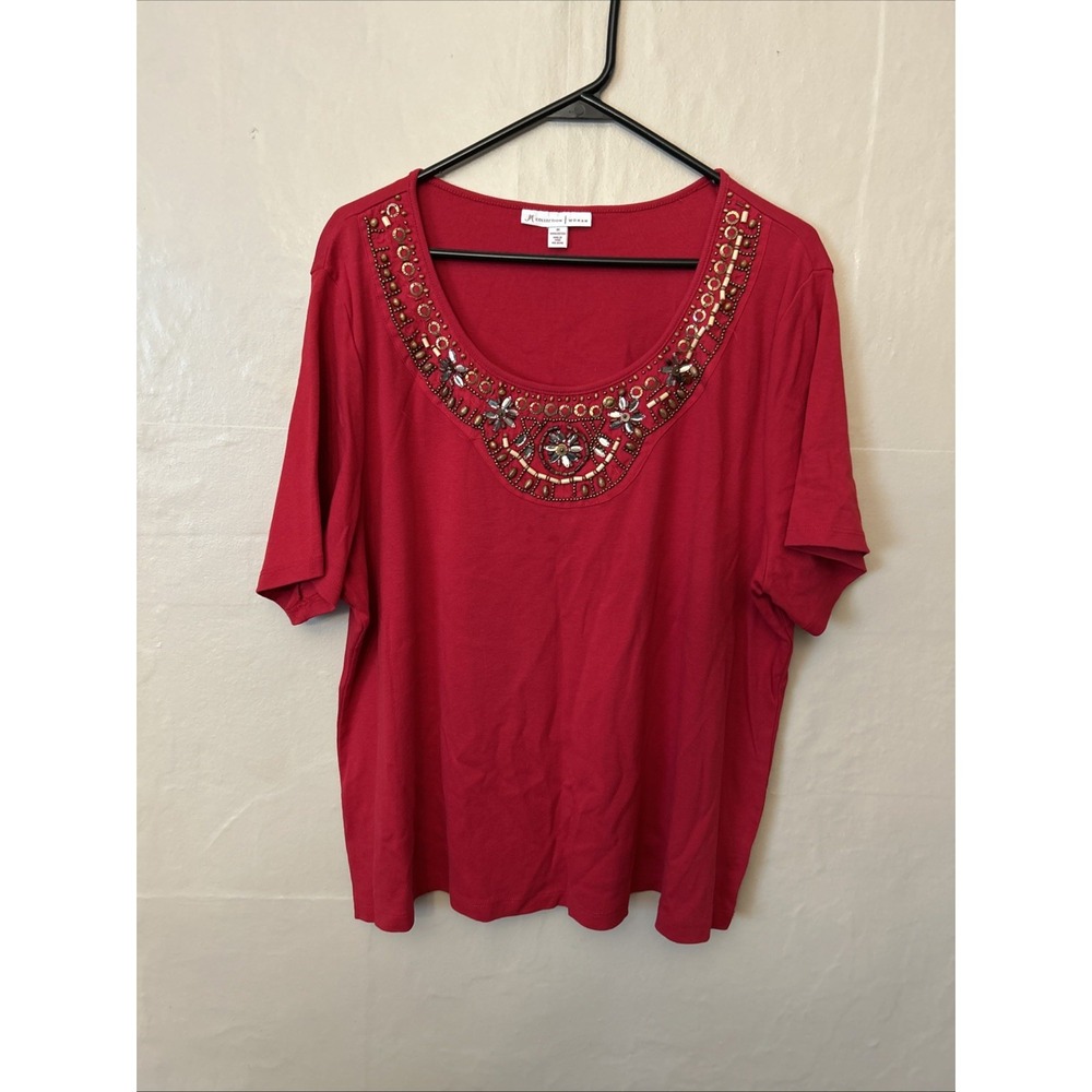 JM Collection 3X Red Scoop Neck Red Beaded‎ Knit Top